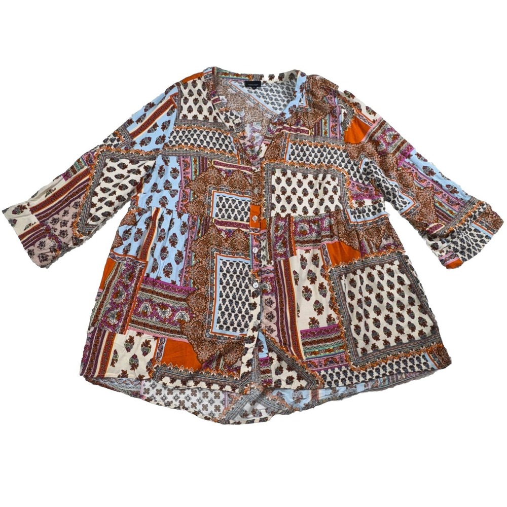 Jones New York Top Women 1X Plus Colorful Floral Boho/Peasant Blouse Bohemian
